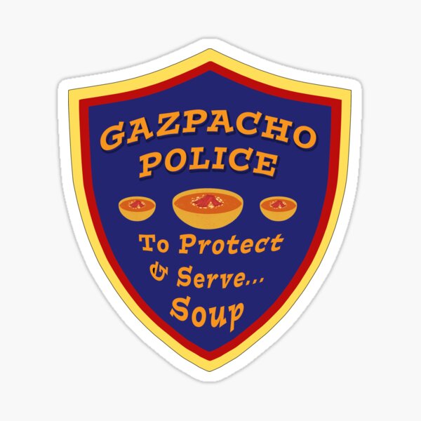 Vista previa del artículo con la obra «La policía del gazpacho protege y sirve sopa», diseñado y vendido por Karen Simon.