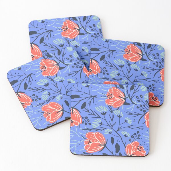 Item preview, Coral Poppy on Blue Print designed and sold by PinHookPrincess.