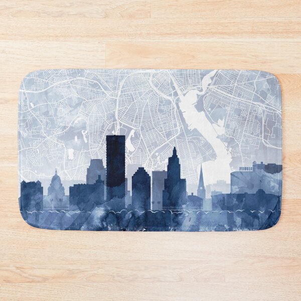 Artikelvorschau, Providence Skyline & Karte Aquarell Marineblau, Druck von Zouzounio Art entworfen und verkauft von zouzounioart.
