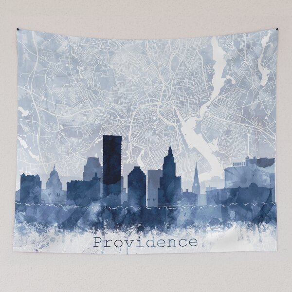 Item preview, Providence Skyline & Map Watercolor Navy Blue, Print by Zouzounio Art designed and sold by zouzounioart.