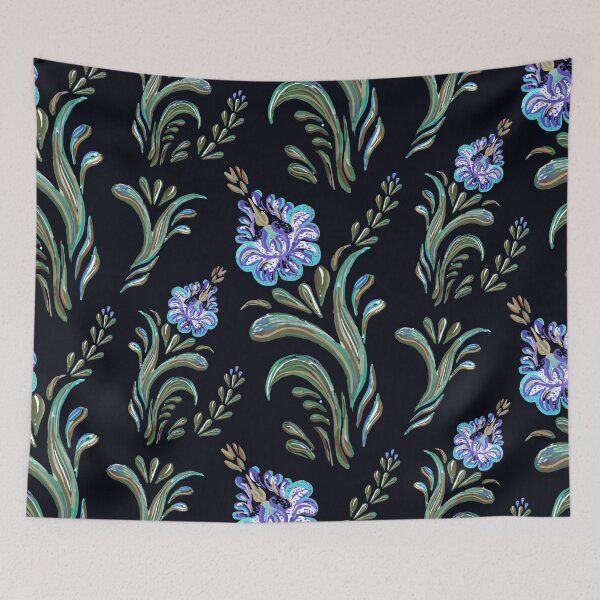 Item preview, Blue and Green Floral Print on Black Background designed and sold by PinHookPrincess.