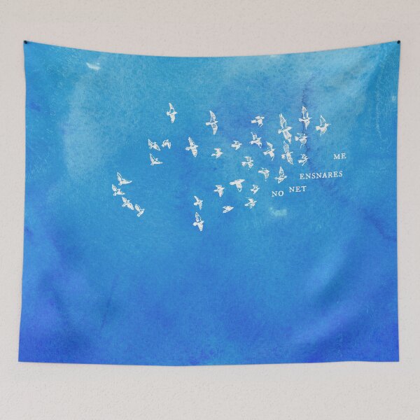 Item preview, "No net ensnares me" + flock of birds - Jane Eyre quote, Charlotte Bronte (white text on blue watercolor) designed and sold by Ofeefee.