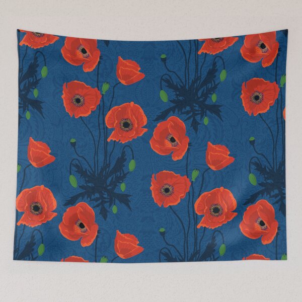 Item preview, Red Poppies on Blue Decorative pattern designed and sold by Urbaun.