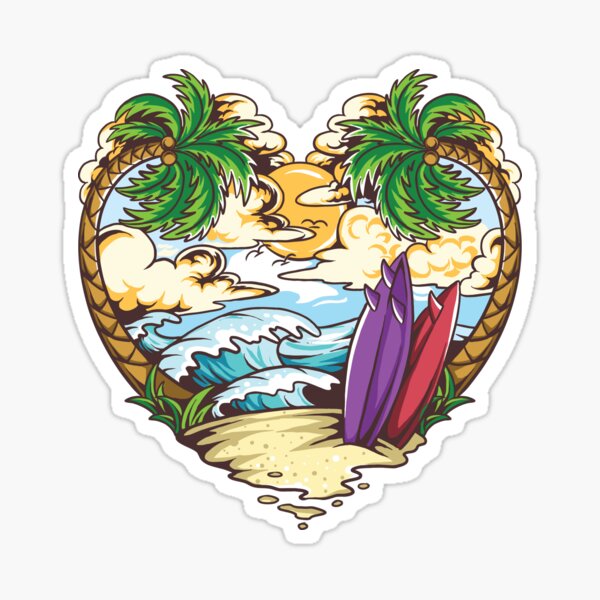 Beach love, Surfing, Heart, Swimming, Sun, Travel, Adventure Sticker