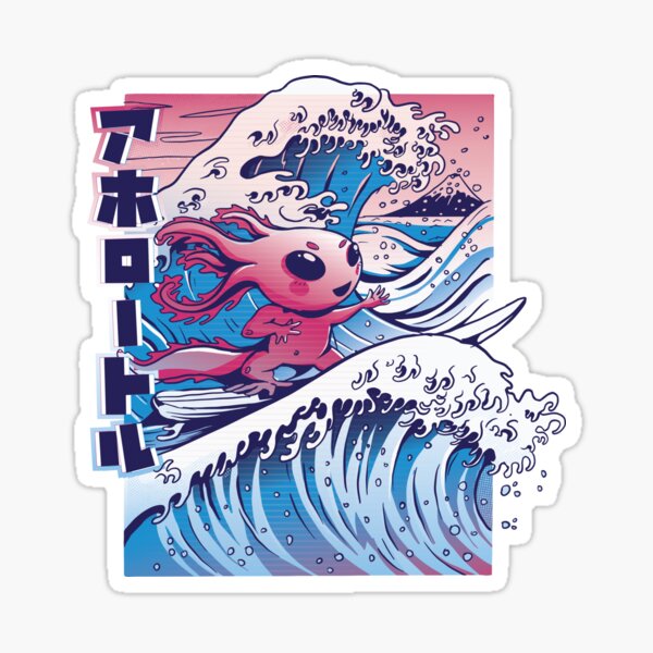 Vaporwave surfing axolotl, Adventure, Japan, Japanese Sticker