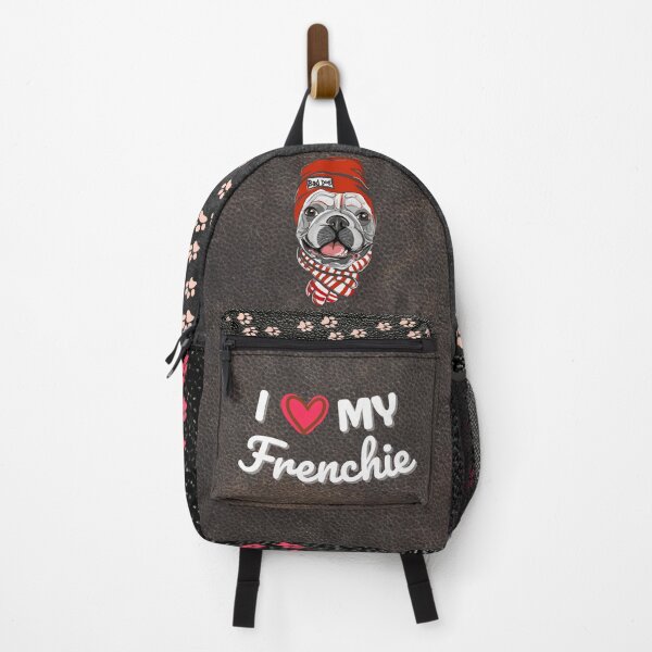Artikelvorschau, I Love My Frenchie - Leather Texture Süßer Welpe der französischen Bulldogge mit roter Beanie-Mütze und gestreiftem Schal entworfen und verkauft von Cawaiico.