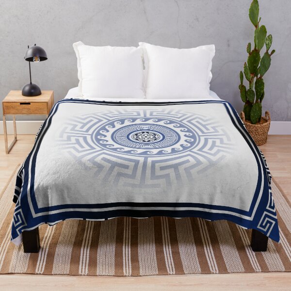Greek Key Meander Blue White Silver Throw Blanket