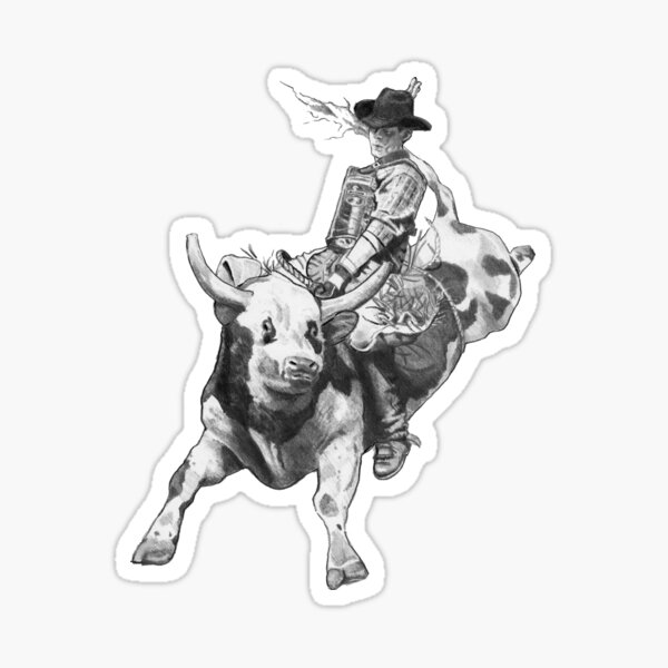Cowboy Riding A Bull, Rodeo, Pencil Drawing, Eight Seconds Sticker