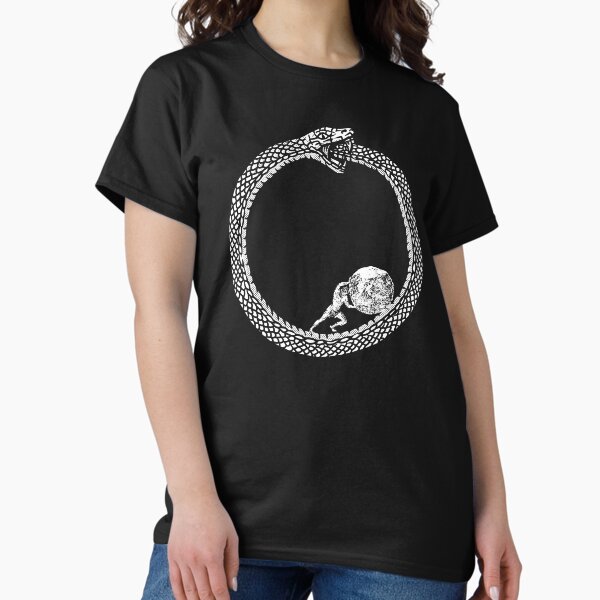 Artikel-Vorschau von Sisyphus in einer Ouroboros-Schlange - Unisex-Philosophie-T-Shirt für Existenzialisten, designt und verkauft von The Philosopher's Shirt.