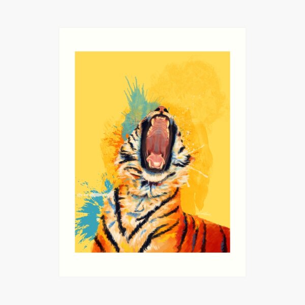Wild Yawn - Tiger portrait, colorful tiger, animal illustration Art Print