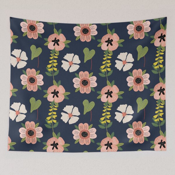 Item preview, Pink and white floral pattern with dark blue background designed and sold by CoolWallpapers.