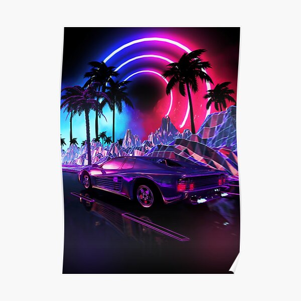 Neon landscape: Synthwave horizon &amp; sport car Poster