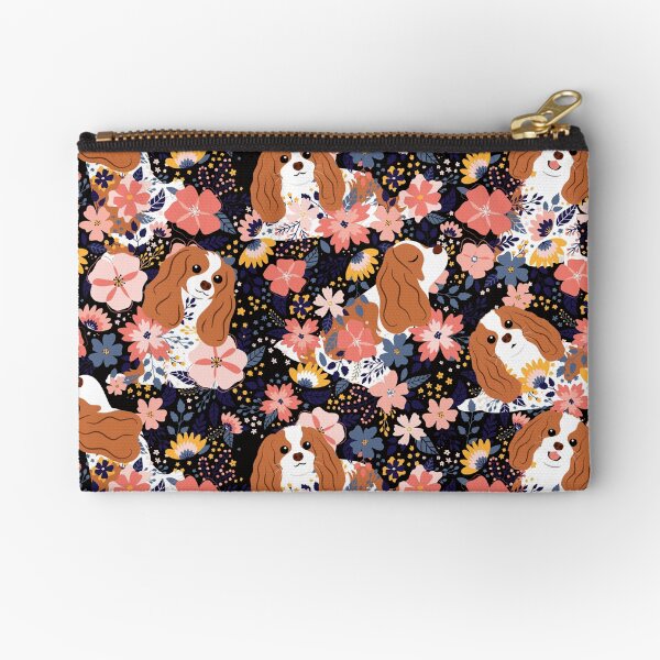 Cute Cavalier King Charles Spaniel Garden - Black Background Zipper Pouch