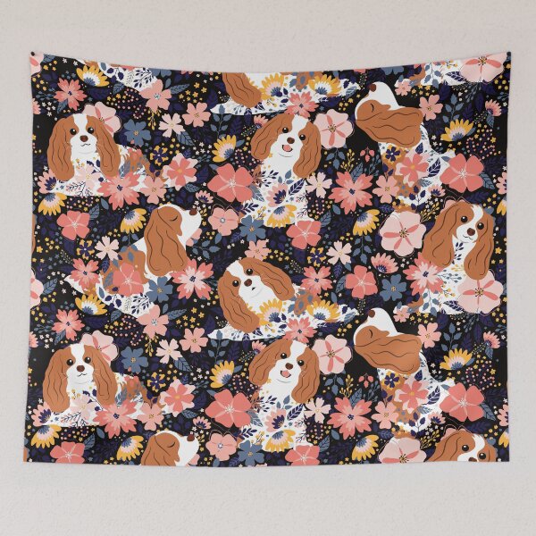 Item preview, Cute Cavalier King Charles Spaniel Garden - Black Background designed and sold by Lulupainting.