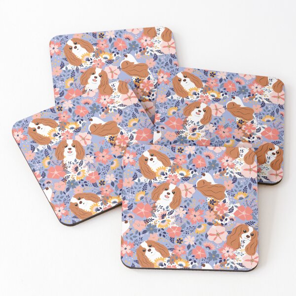Item preview, Cute Cavalier King Charles Spaniel Garden - Blue Background designed and sold by Lulupainting.