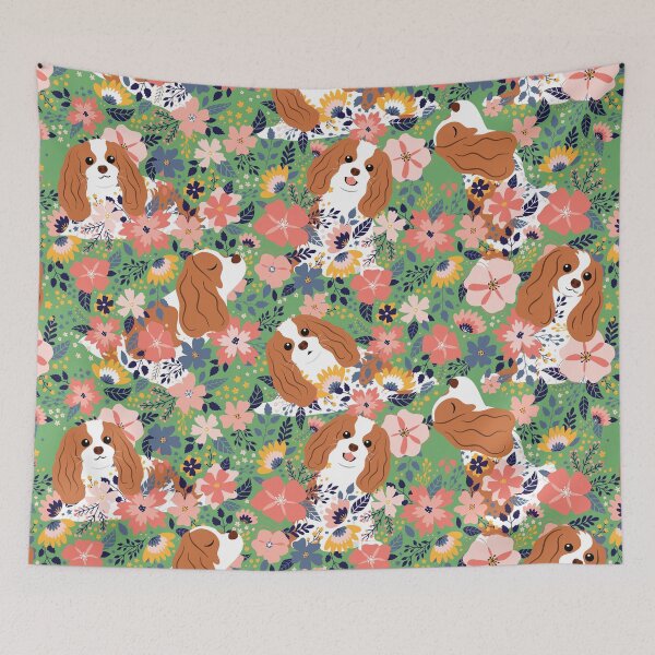 Item preview, Cute Cavalier King Charles Spaniel Garden - Green Background designed and sold by Lulupainting.
