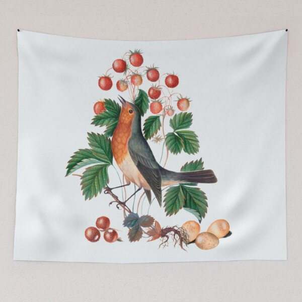 Item preview, European robin and wild strawberry painting designed and sold by BestDesign87.