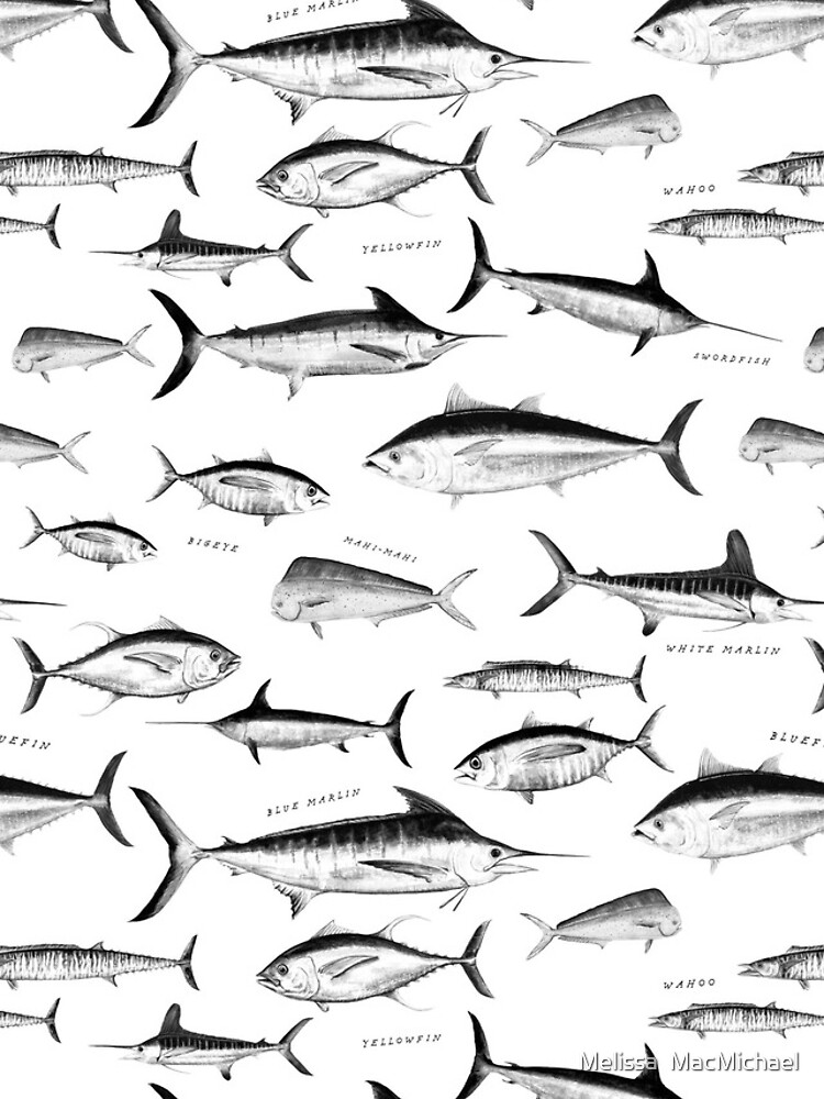 Tuna, Marlin, Wahoo, Swordfish, Mahi-Mahi Hand Illustrated Sport Fish  Pattern; Desaturated, Ocean Chart | iPhone Case
