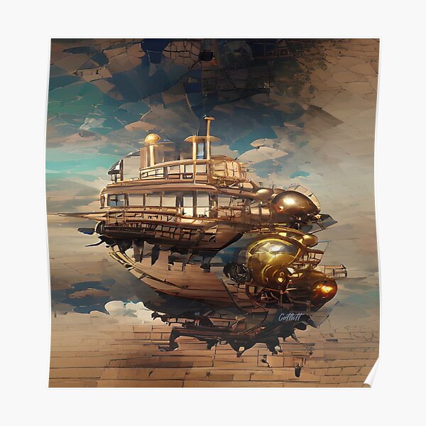 Steampunk Art Stickers Shirts - Flying Ship - Gear / Cogs - Steampunk Poster