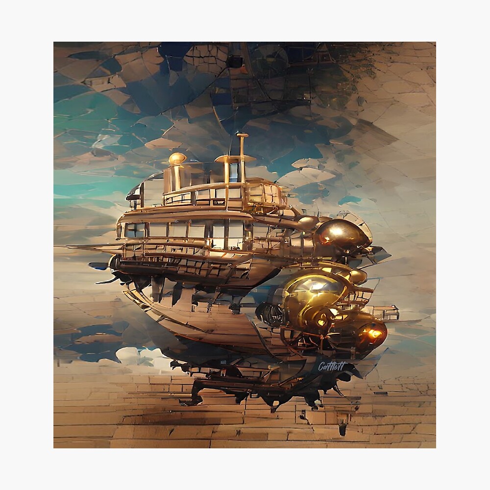 Steampunk Art Stickers Shirts - Flying Ship - Gear / Cogs