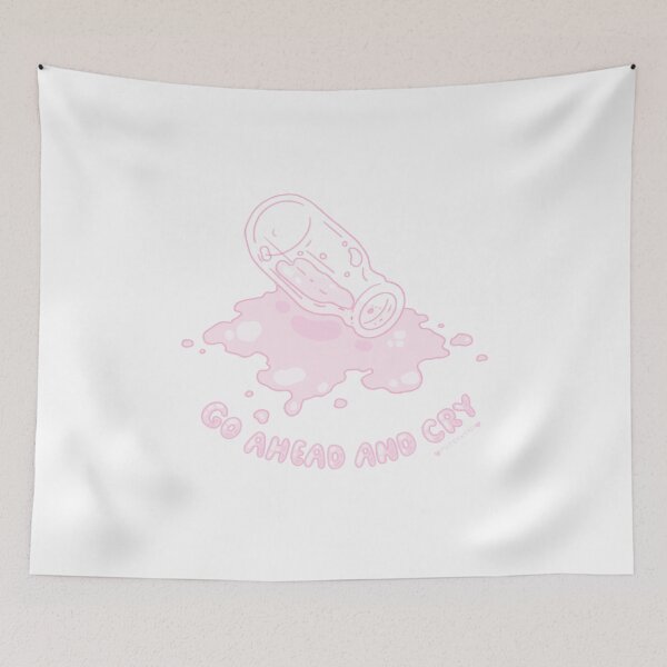 Item preview, " Go ahead and cry " over spilt milk kawaii sad girl spilled strawberry pink milk bottle bubble letters designed and sold by Mitsukuni.