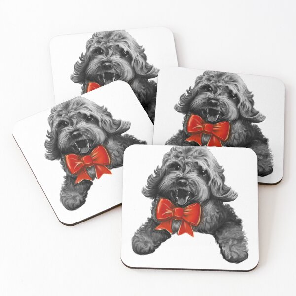 Item preview, Cute Cavapoo Cavoodle puppy dog with red bow  - Monochrome cavalier king charles spaniel poodle, puppy love designed and sold by Artonmytee.