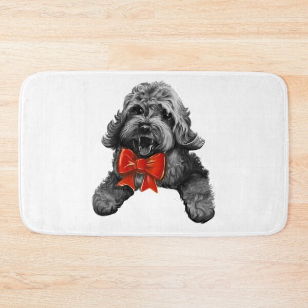 Item preview, Cute Cavapoo Cavoodle puppy dog with red bow  - Monochrome cavalier king charles spaniel poodle, puppy love designed and sold by Artonmytee.