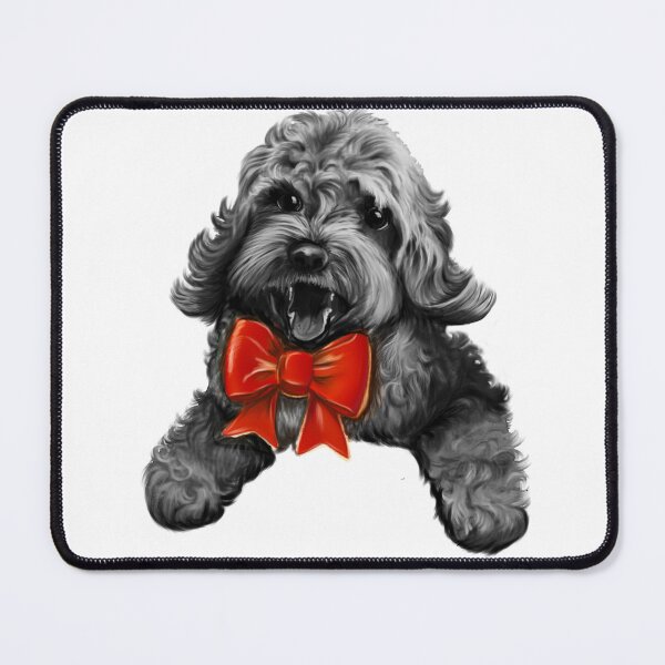 Item preview, Cute Cavapoo Cavoodle puppy dog with red bow  - Monochrome cavalier king charles spaniel poodle, puppy love designed and sold by Artonmytee.