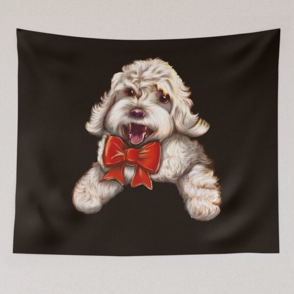 Item preview, Cute white Cavapoo Cavoodle puppy dog with red bow  - cavalier king charles spaniel poodle, puppy love designed and sold by Artonmytee.