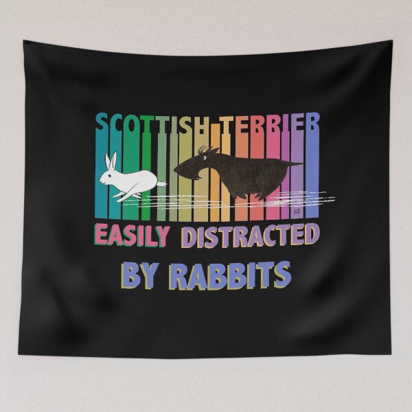 Item preview, Easily distracted by rabbits, Scottish terrier dog runs after the Hare designed and sold by RiazanovaArt.