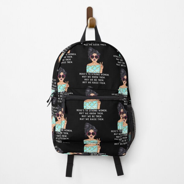Item preview, Here's to strong women quote for International Women's Day and Everyday featuring a fun brunette messy bun pop art girl designed and sold by Auntieck.