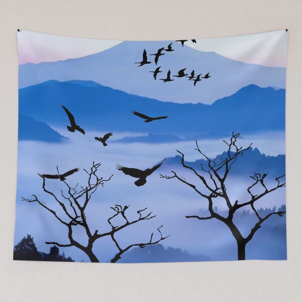 Item preview, Misty Blue Mountains with Silhouette Trees and Birds designed and sold by tomorrowsart.