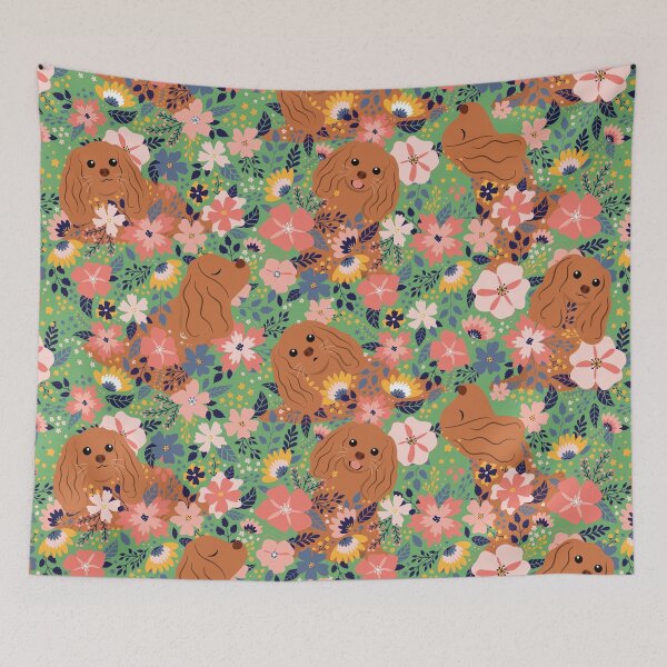 Item preview, Ruby Cavalier King Charles Spaniel Garden - Green Background designed and sold by Lulupainting.