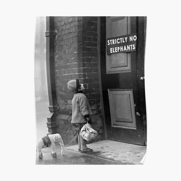Strictly No Elephants vintage humorous child verses the world black and white photograph black and white photography Poster