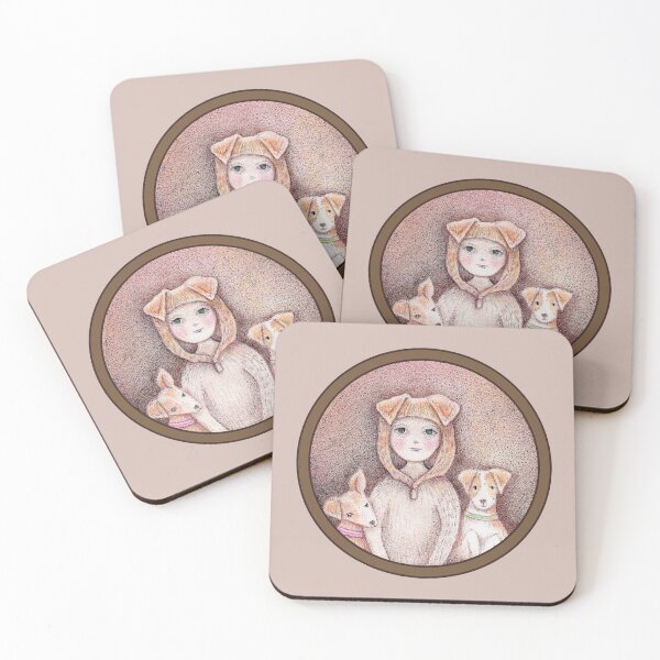 Item preview, coasters with cute girl and her Jack Russell terrier dogs designed and sold by trudette.