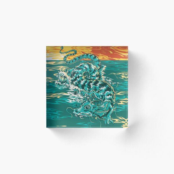 Fuzzy Dragon on the Sea in a Sunset Acrylic Block