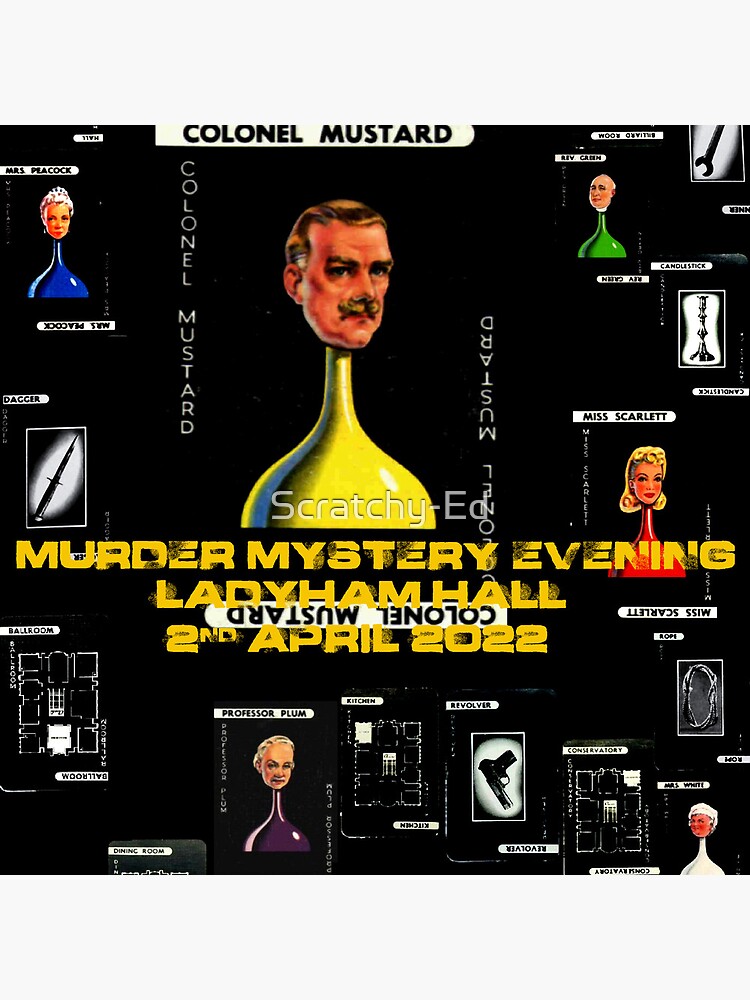 Aperçu 5 sur 5. Dessous de verre (lot de 4) avec l'œuvre Soirée mystère Moutarde Murder - Texte d'empreintes digitales créée et vendue par Scratchy-Ed.