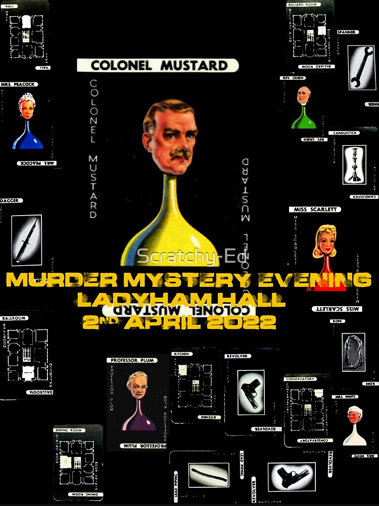 Aperçu 7 sur 7. T-shirt classique avec l'œuvre Soirée mystère Moutarde Murder - Texte d'empreintes digitales créée et vendue par Scratchy-Ed.