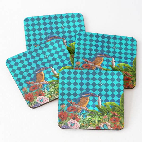 Item preview, Kingfisher with flowers on a diamond shape pattern background designed and sold by koalas1414.