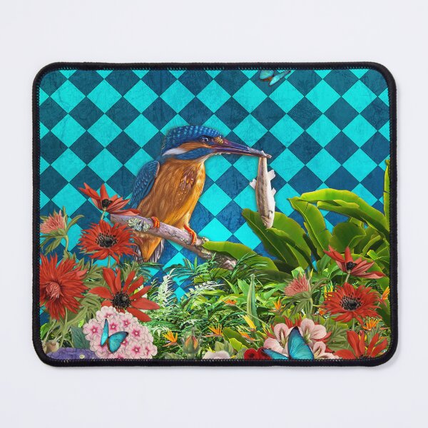 Item preview, Kingfisher with flowers on a diamond shape pattern background designed and sold by koalas1414.