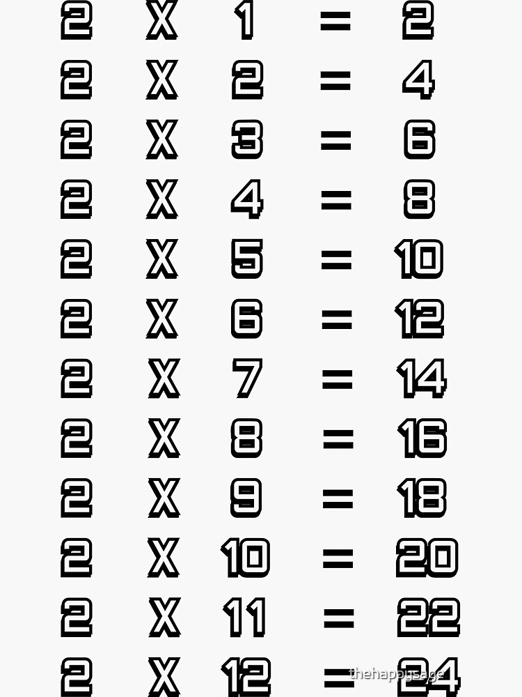 "2 X Table Two Times Table Chart Multiplication Tables for Children" Sticker by thehappysage