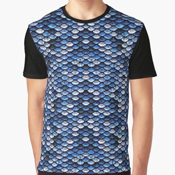 Cobalt Blue Fish Mermaid Dragon Scales Pattern Graphic T-Shirt