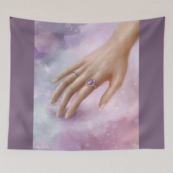 Item preview, Female Hand With Purple Rings Touching a Soft Purple Fabric designed and sold by ibadishi.