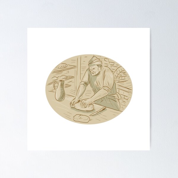 Item preview, Medieval Baker Kneading Bread Dough Oval Drawing designed and sold by patrimonio.