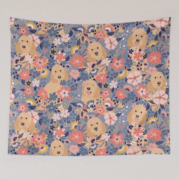 Item preview, Apricot Goldendoodle Garden - Gray Background designed and sold by Lulupainting.