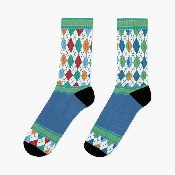 Item preview, Argyle Pattern Print Baby Blue Teal Gold White Green Red Vintage Retro Thigh High Striped Top Socks Leggings designed and sold by Shayna Westfall.