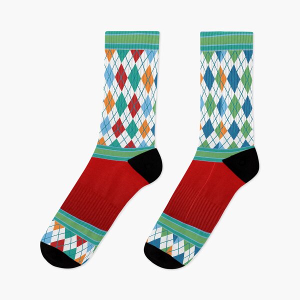 Item preview, Argyle Pattern Print Deep Red Baby Blue Teal Gold White Green Vintage Retro Thigh High Striped Top Socks Leggings designed and sold by Shayna Westfall.