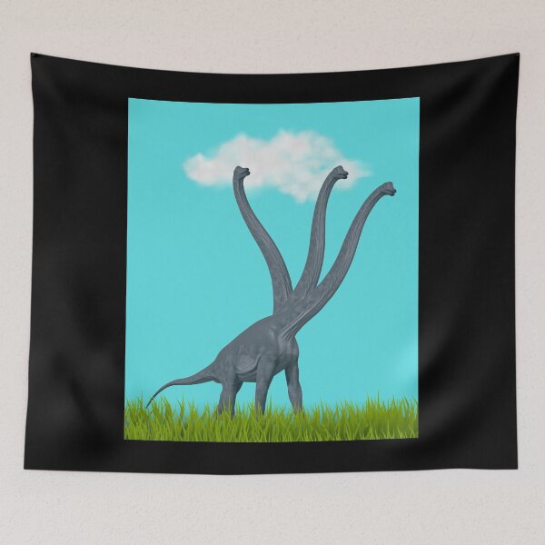 Item preview, Three-necked dinosaur (blue sky & grass edition, black background) designed and sold by CosmicStory.