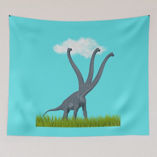 Item preview, Three-necked dinosaur (blue sky & grass edition, blue background) designed and sold by CosmicStory.