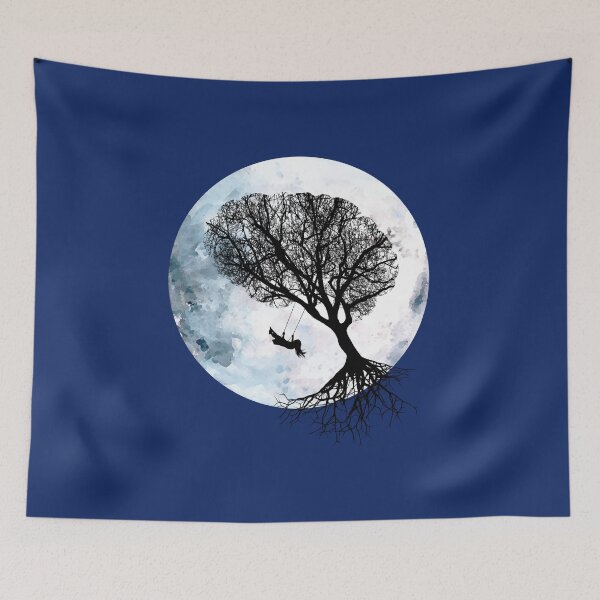 Item preview,  Moon, tree and young girl on swing ,cute, space, night, aesthetic, nature designed and sold by Collagedream.